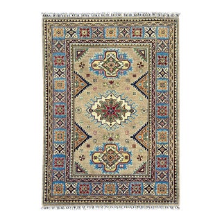 Beige Persian Style Kazak Wool Rug With Blue Border, 4'2" X 5'10" For Sale