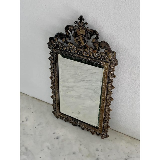 Early 20th Century French Cast Brass Heraldic Mirror With Dragons & Coat of Arms For Sale - Image 4 of 12