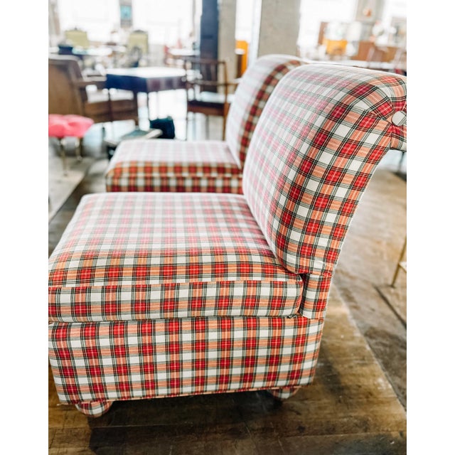 Traditional Vintage Ashley Manor Pair of Red, White and Green Plaid Slipper Side Chairs For Sale - Image 3 of 12
