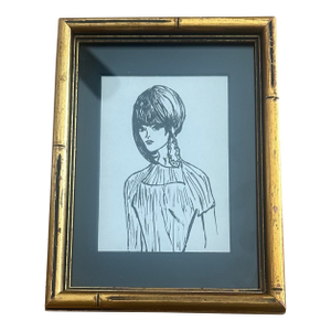 Mid-Century Ink Portrait Drawing of a Woman, Framed