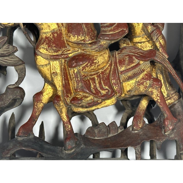Wood Antique Gilt Lacquered Chinese Panel: Horse & Warriors, Qing Dynasty For Sale - Image 7 of 10