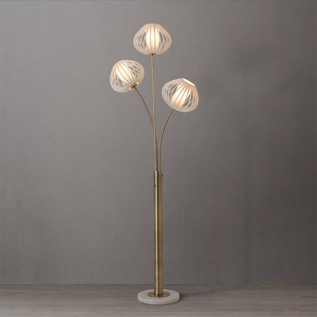 1990s Bloom 3-Light Floor Lamp - Weathered Brass, White Marble Base For Sale - Image 4 of 18