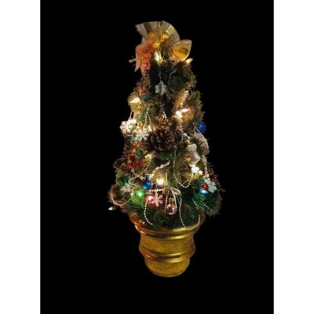 Whimsical Victorian Mini Christmas Tree 19” Tabletop Lights Ornaments Gold Pot For Sale - Image 4 of 17