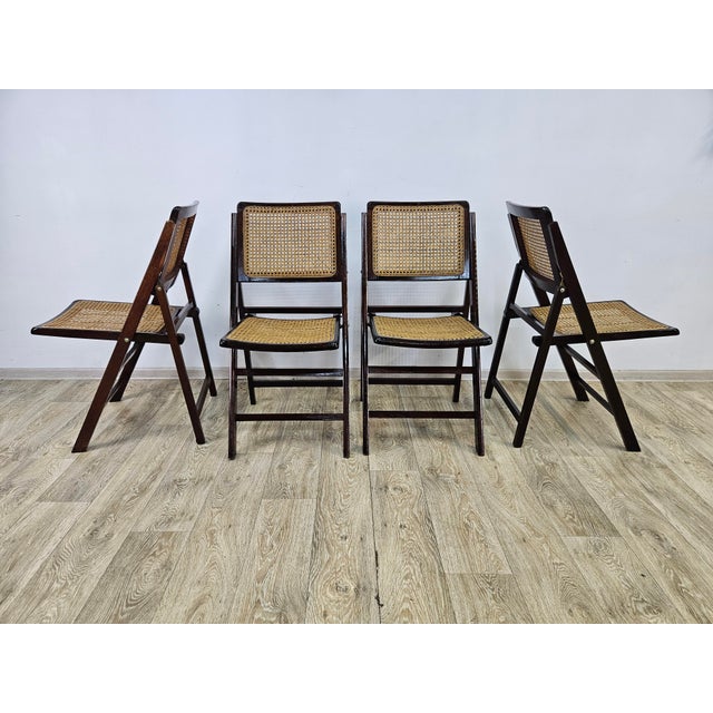 Folding Wooden Chairs with Raffia, 1970s, Set of 4 For Sale - Image 3 of 17