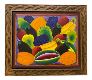 Haitian Artist Alberoi Bazile "Fruit" Still Life Oil Painting in Hand Carved Frame C.1970