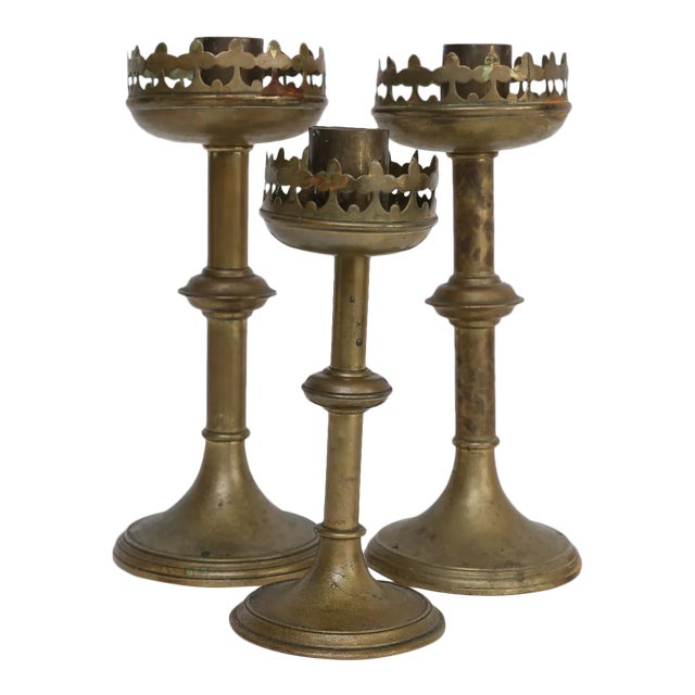 Antique French Gilt Brass Altar Candlesticks - Set of 3 For Sale
