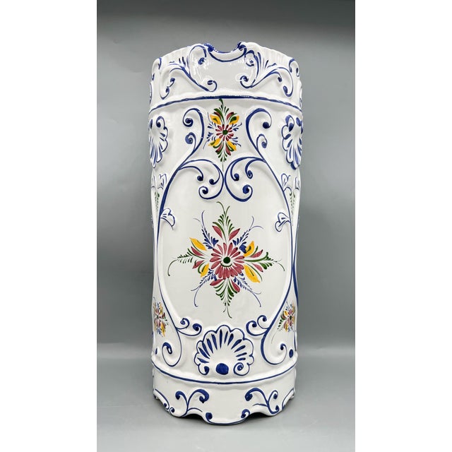 Ceramic Vintage Portuguese Hand-Painted Floral Ceramic Umbrella Stand – Mediterranean / Traditional For Sale - Image 7 of 13