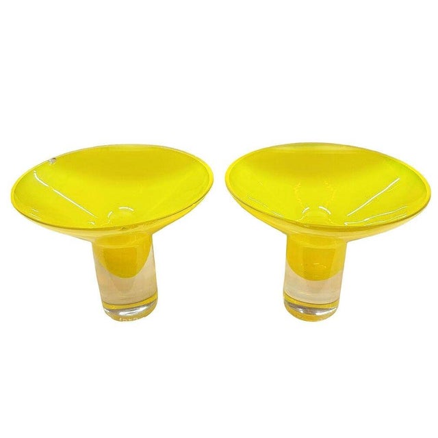 Pair of Italian yellow and transparent Murano Glass stem candlestick holders with unique large flared 5" round dish to...