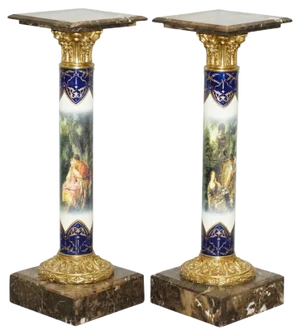Vintage French Marble, Gilt Bronze & Porcelain Romantic Painted Pillars, Set of 2