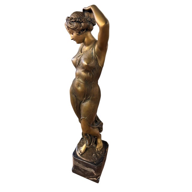 Art Nouveau Vintage Art Nouveau Style Bronze-Finish Female Figure on Marble Base For Sale - Image 3 of 9