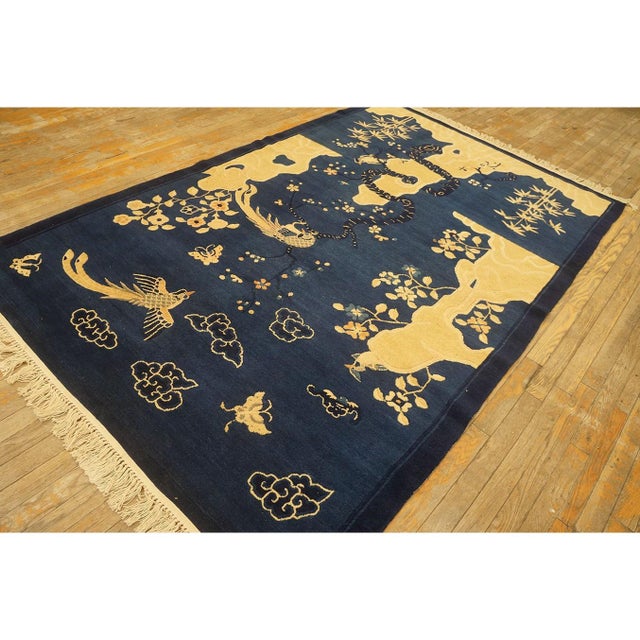 1920s Navy Blue Scene Pictorial Antique Chinese Peking Carpet Knotted Small Rug For Sale - Image 9 of 10