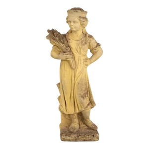 Woman Holding Sheaf of Wheat, Concrete Garden Ornament, England Mid 20th Century