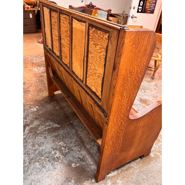 Brown Antique High-Back Oak + Leather Settle Bench For Sale - Image 8 of 12