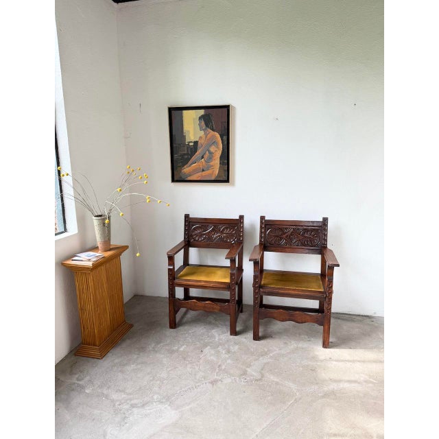 Spanish Armchairs in Carved Wood, 1900, Set of 2 For Sale - Image 3 of 18