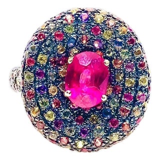 Bochic “Orient” Vintage Natural Ruby & Multi Sapphire Ring Set In 18K Gold & Silver For Sale
