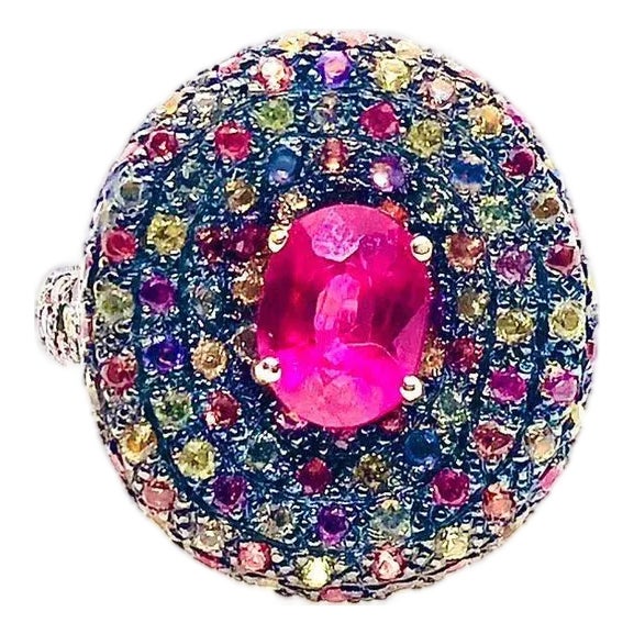Bochic “Orient” Vintage Natural Ruby & Multi Sapphire Ring Set In 18K Gold & Silver For Sale