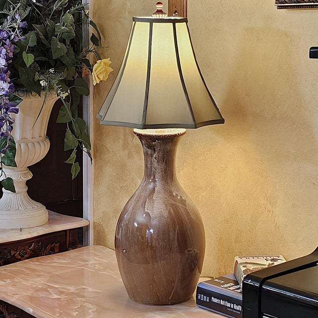 Vintage Ceramic Drip Glaze Table Lamp in Brown Studio Pottery Style With Tapered Shade For Sale - Image 18 of 18