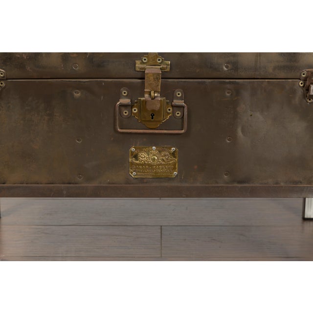 English 1920s Sarah Rackett Metal Trunk with Handles Mounted on New Custom Stand For Sale - Image 10 of 12