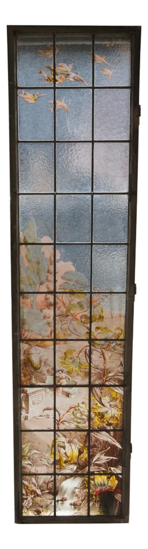 Vintage French Painted & Fired Victorian Style Botanical Garden Stained Glass Window