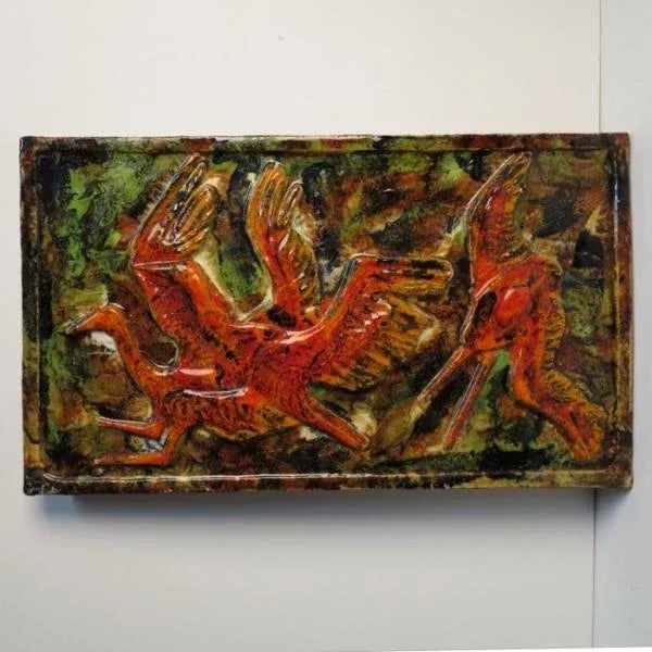 1950s German Big Ceramic Wall Tile Kraniche by Rusche 1950s For Sale - Image 5 of 5