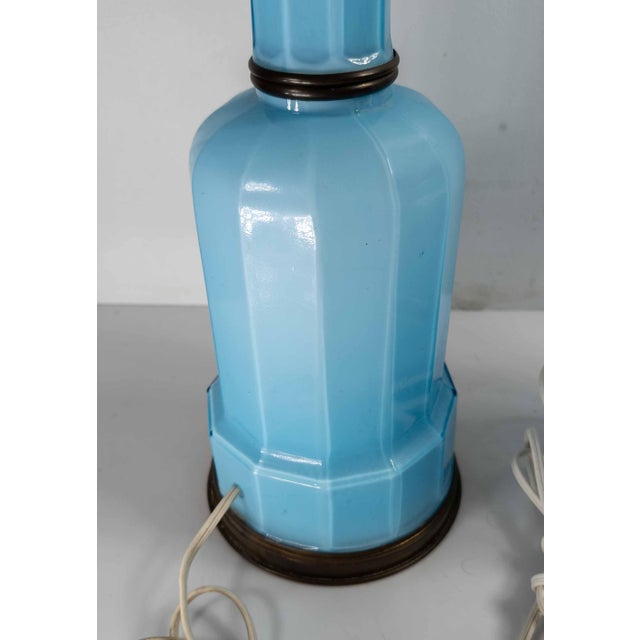 Early 20th Century Pair of French Baby Sky Blue Opaline Glass Table Lamps For Sale - Image 9 of 14