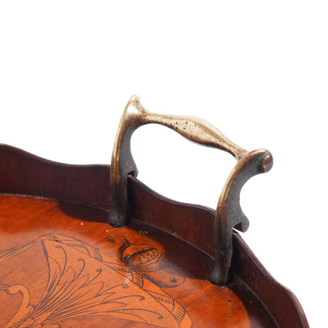English Mahogany Oval Inlaid Serving Tray With Scalloped Gallery, C. 1800's For Sale - Image 12 of 15