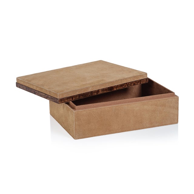 The Chelia Suede Decorative Box combines style and functionality with its tan suede leather and dark burlwood trim. This...