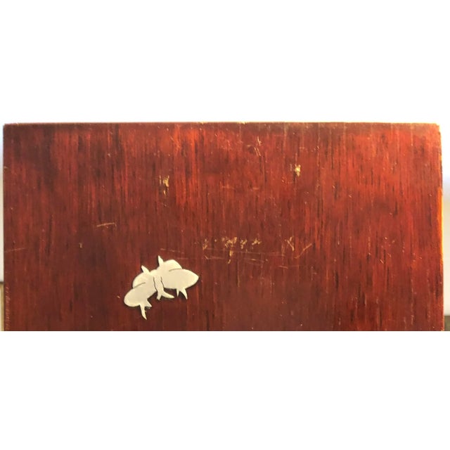 Vintage 1940’s Asian Lacquered Red Mahogany Art Panels With Brass and Tin Flowers and Butterflies Inlay - Set of 2 For Sale - Image 11 of 12