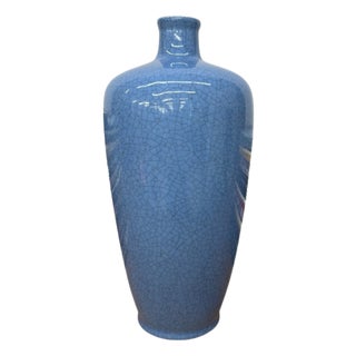 Crackle Blue Glazed Ceramic Vase with Tapered Body For Sale