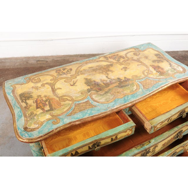 An exceptional Italian Venetian five-drawer Lacca Povera chest from the 18th-century. This antique chest from Italy is a...