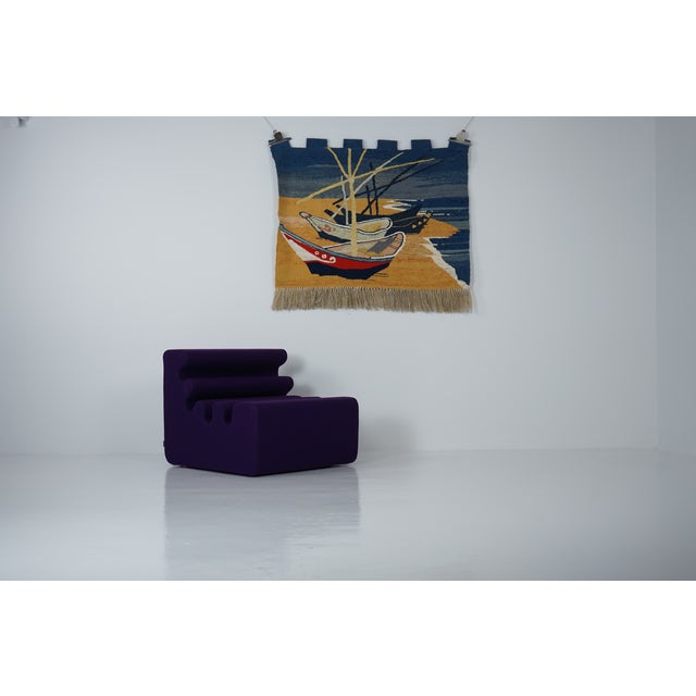 Nautical Mid-Century Modern Wall Tapestry, Handwoven. Loops at the top for hanging a rod. Rod not included.