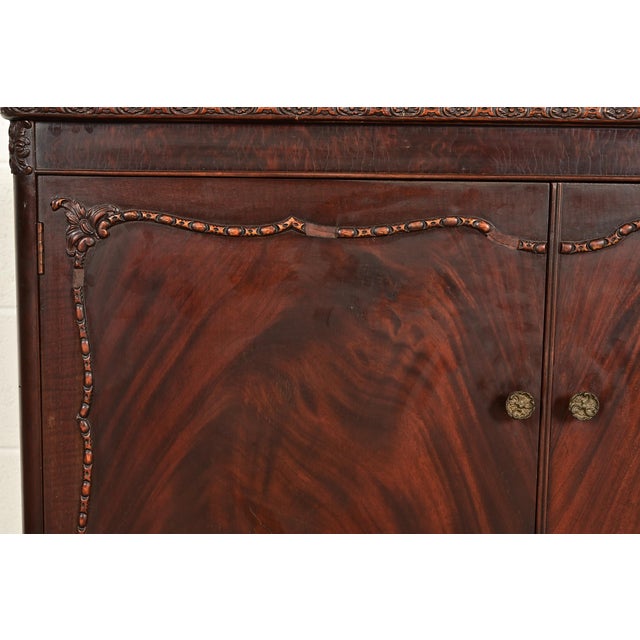 Wood Romweber Antique Chippendale Carved Flame Mahogany Buffet Server or Bar Cabinet, Circa 1920s For Sale - Image 7 of 13