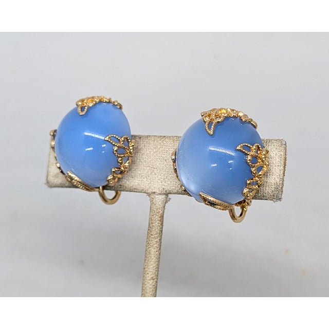 Mid-Century Modern Vintage 1950s Signed Napier Round Blue "Moonglow" Clip Earrings - 2 Pieces For Sale - Image 3 of 7