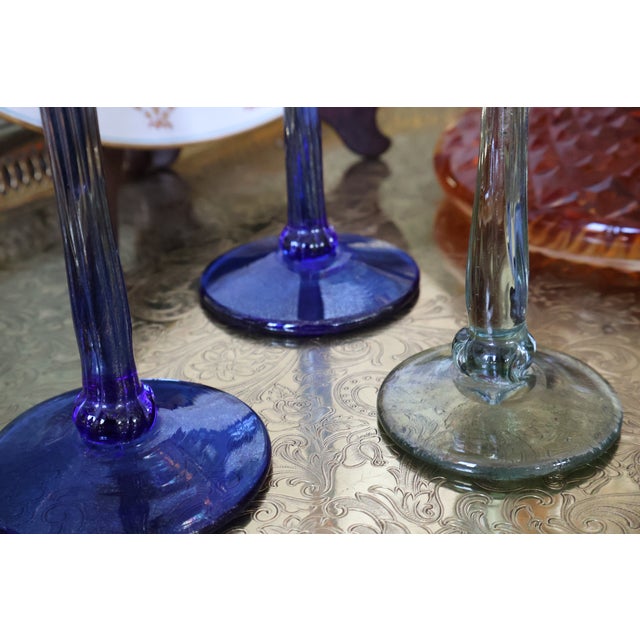 Late 20th Century Rick Strini Signed Iridescent Amber & Cobalt Tulip Art Glass Goblets, Set of 3 For Sale - Image 12 of 18