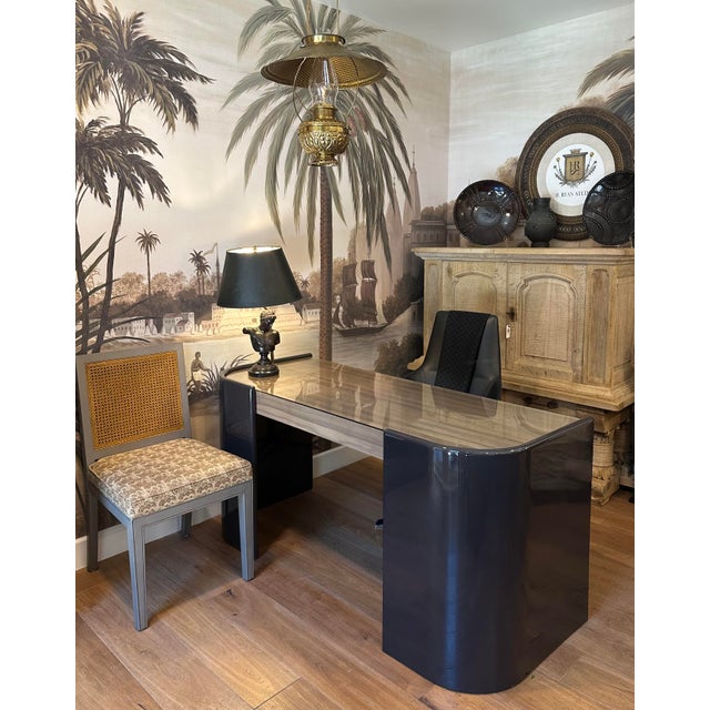 French-Country Dining Chairs in Peter Fasono Linen Upholstery and Stained Caning For Sale In Phoenix - Image 6 of 6