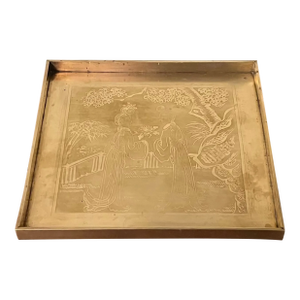 Antique Early 20th Century Japanese Meiji Period Square Brass Tray With Etched Court Scene