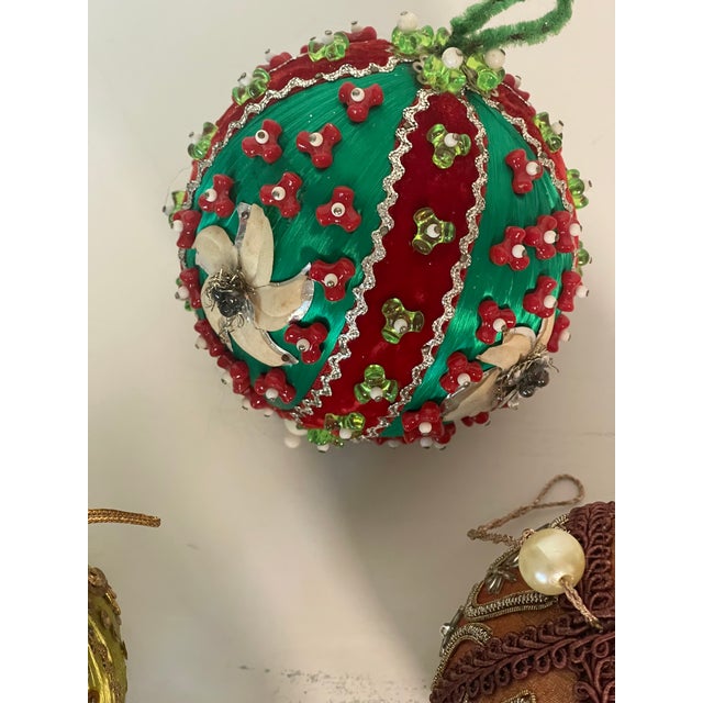 Shabby Chic 1970s 4 Large Beaded Christmas Ornaments Balls For Sale - Image 3 of 5