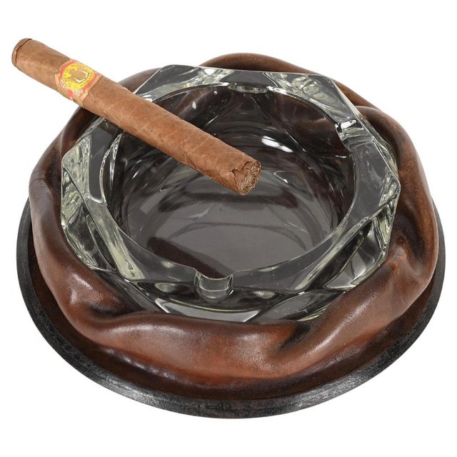 Adnet Brown Curved Leather and Crystal Glass Ashtray, 1950s For Sale - Image 11 of 15