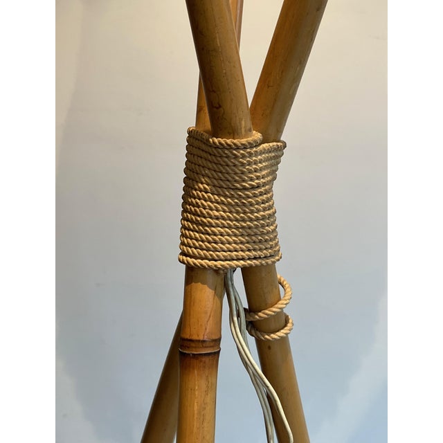 1970s 1970s 3-light Floor Lamp in Bamboo and Rope. French Work in the Style of Audoux Minet For Sale - Image 5 of 12