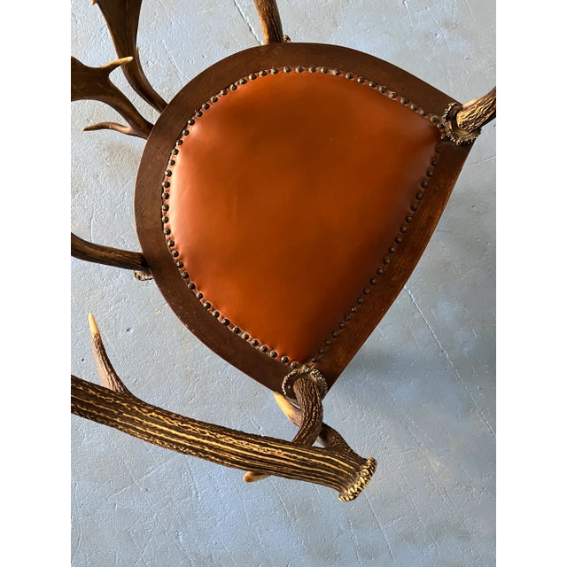 Rustic (Sale Pending) Black Forest Armchair - Distinctive Antler Back and Leather Upholstery C1900 For Sale - Image 3 of 6