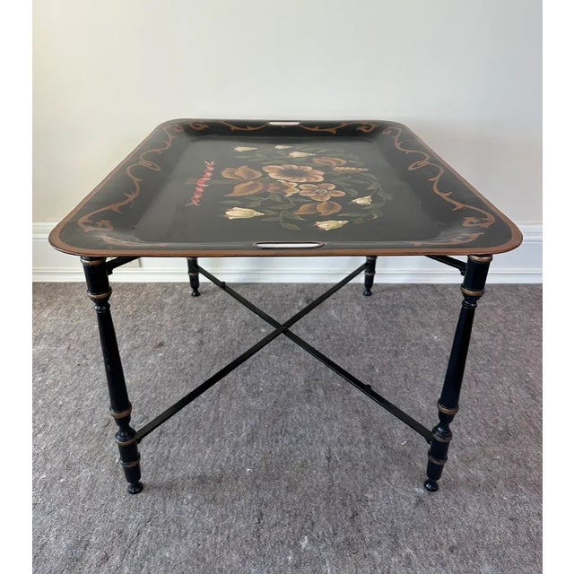 Early 20th Century Toleware Tray Table With Floral Motif on Ebonized Stand For Sale - Image 4 of 10