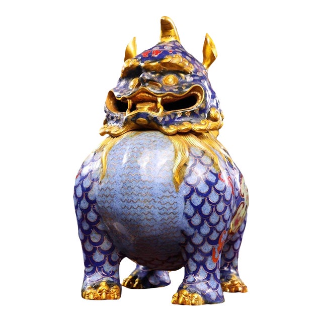 Vintage Chinese Gilt Cloisonné Mythical Beast Incense Burner (Luduan) - 2560g For Sale