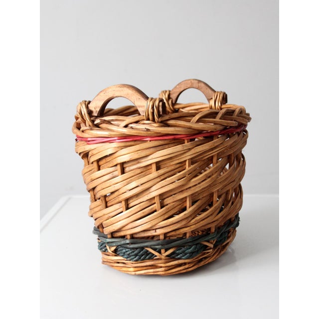 Late 20th Century Vintage Woven Basket With Red and Green Bands For Sale - Image 5 of 9