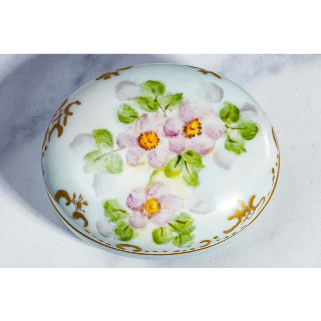 Delightful Hand Painted Floral Flower Theme Antique Small Porcelain Jewelry Trinket Box For Sale - Image 4 of 13