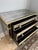 Elegant Horchow three-drawer chest featuring antiqued mirrored panels, distressed gold-tone trim, decorative round pulls,...