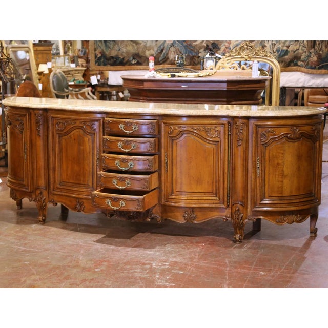 Early 20th C. French Louis XV Marble Top Carved Walnut Four-Door Buffet Enfilade For Sale - Image 11 of 14