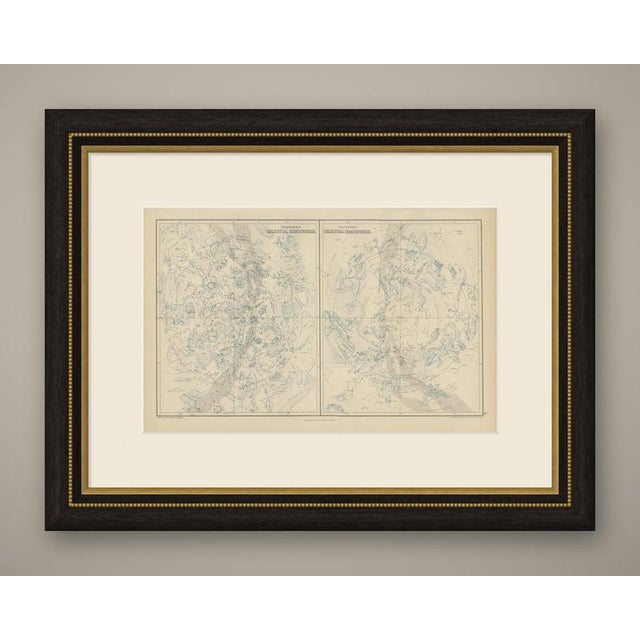 An antique celestial chart of the northern and southern skies, the two hemispheres set side by side on a single sheet,...