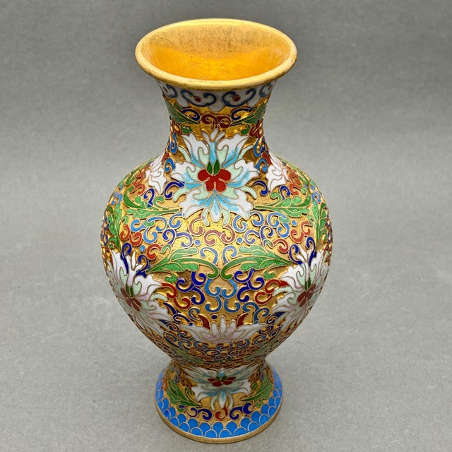 Late 20th Century Vintage Chinese Cloisonné Enamel Floral Lotus Vase For Sale - Image 5 of 9