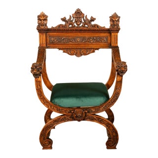 Antique Renaissance Revival Carved Walnut Green Man Savonarola Chair Circa 1890 For Sale