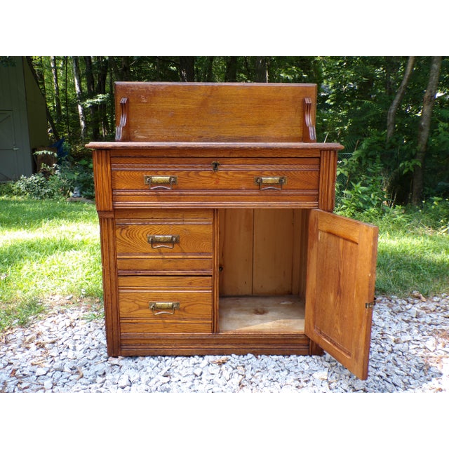 Brown Antique Oak Chest Commode Washstand Dry Sink Country Farmhouse Cabinet Dresser For Sale - Image 8 of 15
